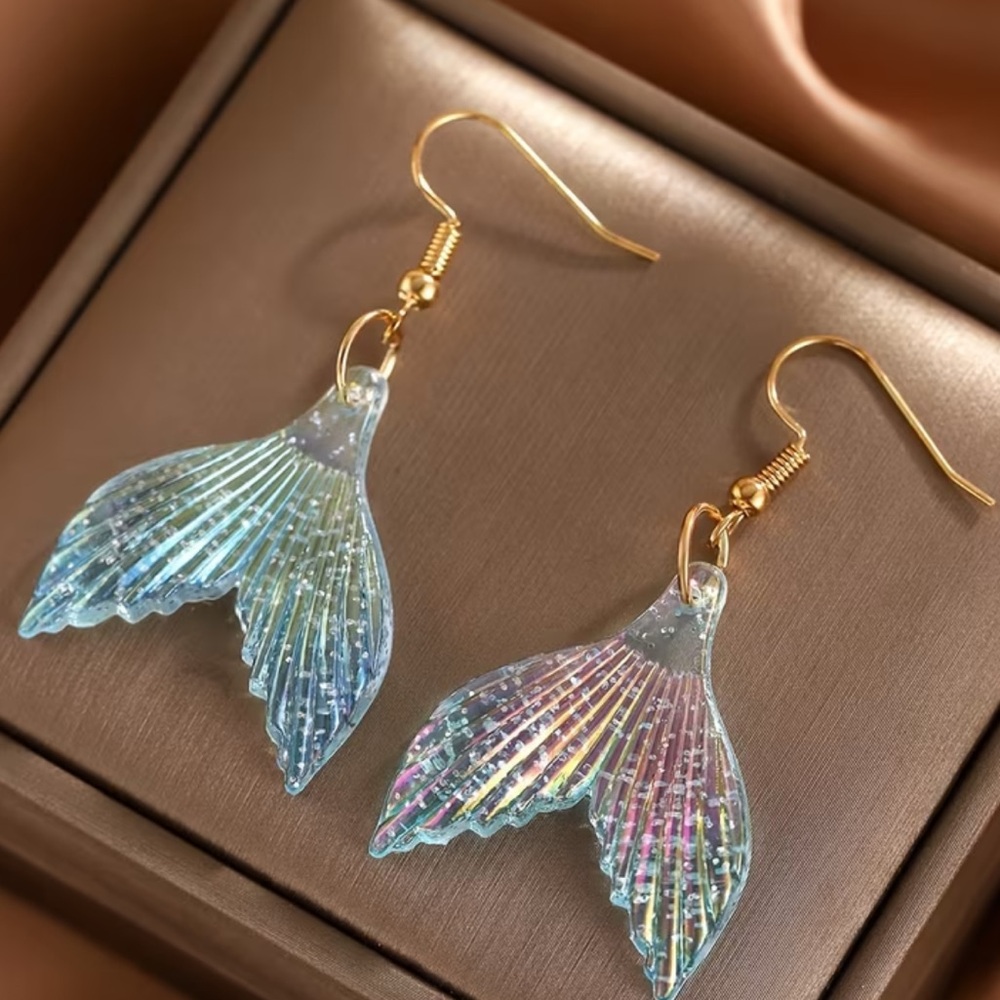 Gold Hook Iridescent Blue-Pink Mermaid Tail Drop Earrings